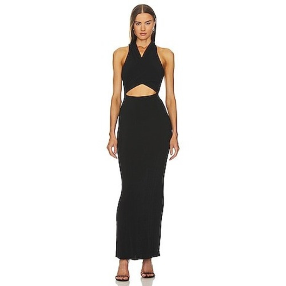 h:ours NWT Odette Hoodie Maxi Dress‎ Black Halter Cutout Open Back Revolve- S